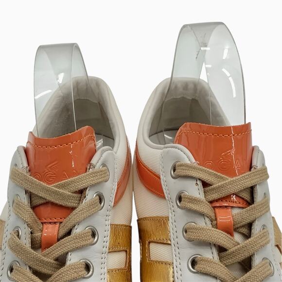 Hogan Womens Size 10 Logo Sneakers Trainers Orange Gold Tan Patent Leather Suede - Picture 4 of 11